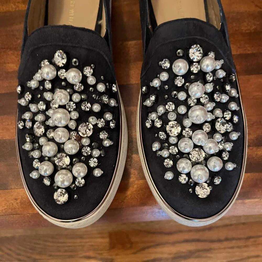 Stuart Weitzman Faux Pearl Crystal Studded Suede Sneakers Luxury Athleisure 5.5